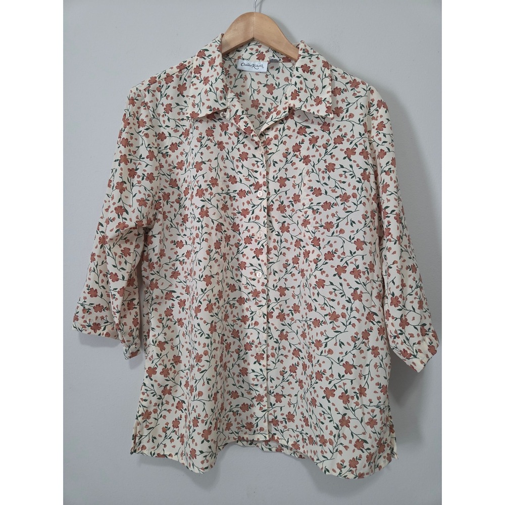 Claudia Richard Floral Button Up Blouse‎ Cream Terracotta 3/4 Sleeve Large
